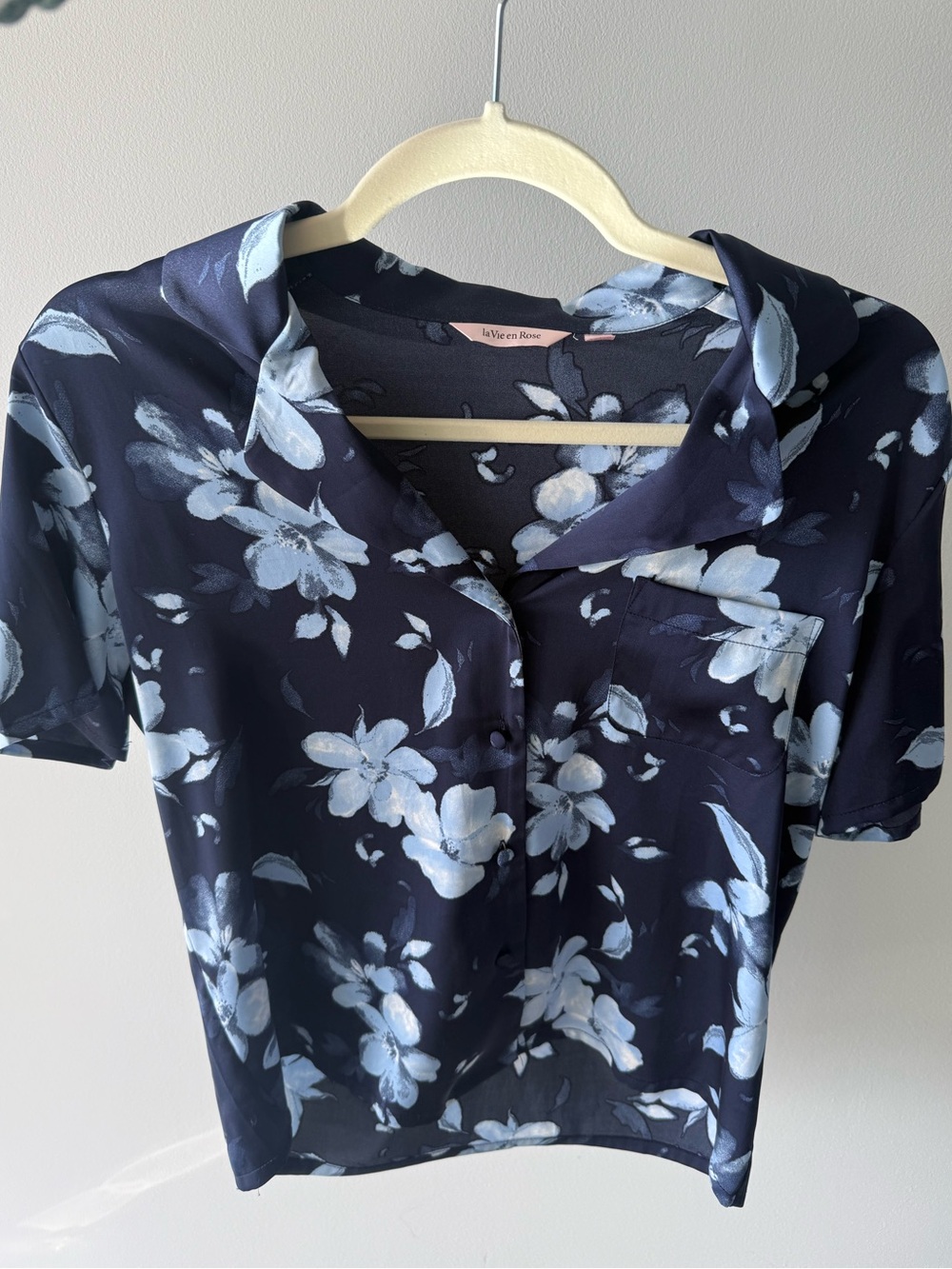 Navy Floral Satin Button Down Top